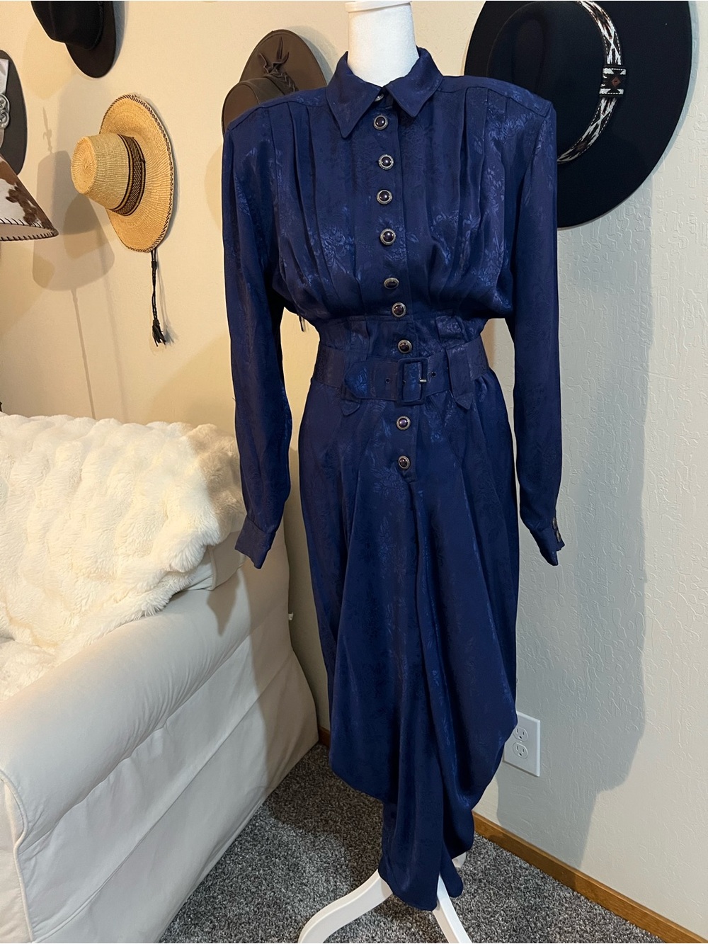 Karen Alexander Vintage Royal Blue Button-Front Belted Dress Made in USA